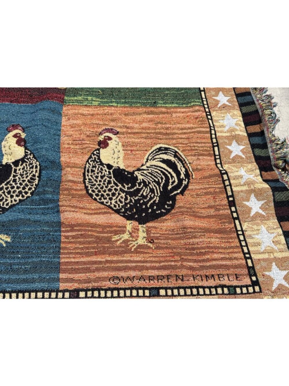 Vintage Warren Kimble Rooster Chicken Block Tapestry Throw Blanket Fringe 50x60" - Picture 4 of 8